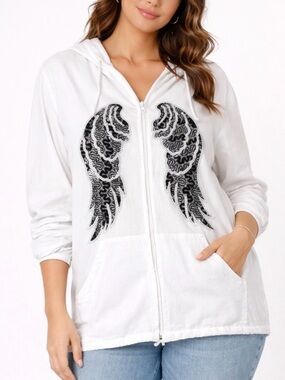 Blanco White Cotton Shirt zip up bling/sequined angel wings plus size SZ XXXL*